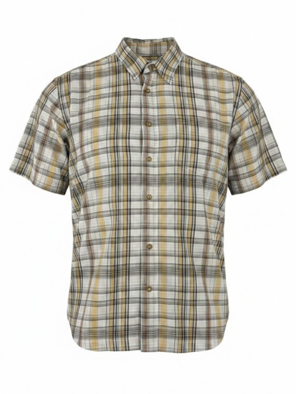 ROYAL ROBBINS Beige Yellow Plaid Short Sleeve Button Up Outdoor Hiking Shirt l